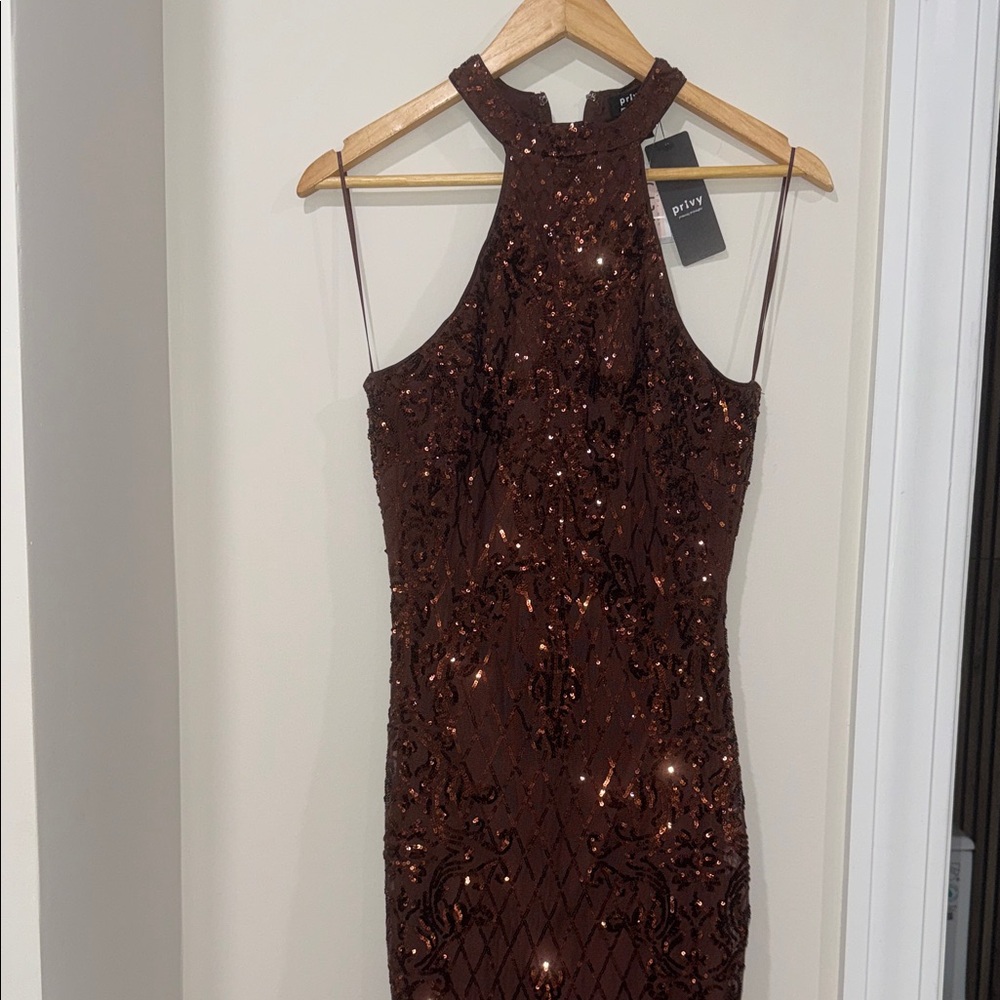 Privy Sequin Halter Midi Dress - Brown